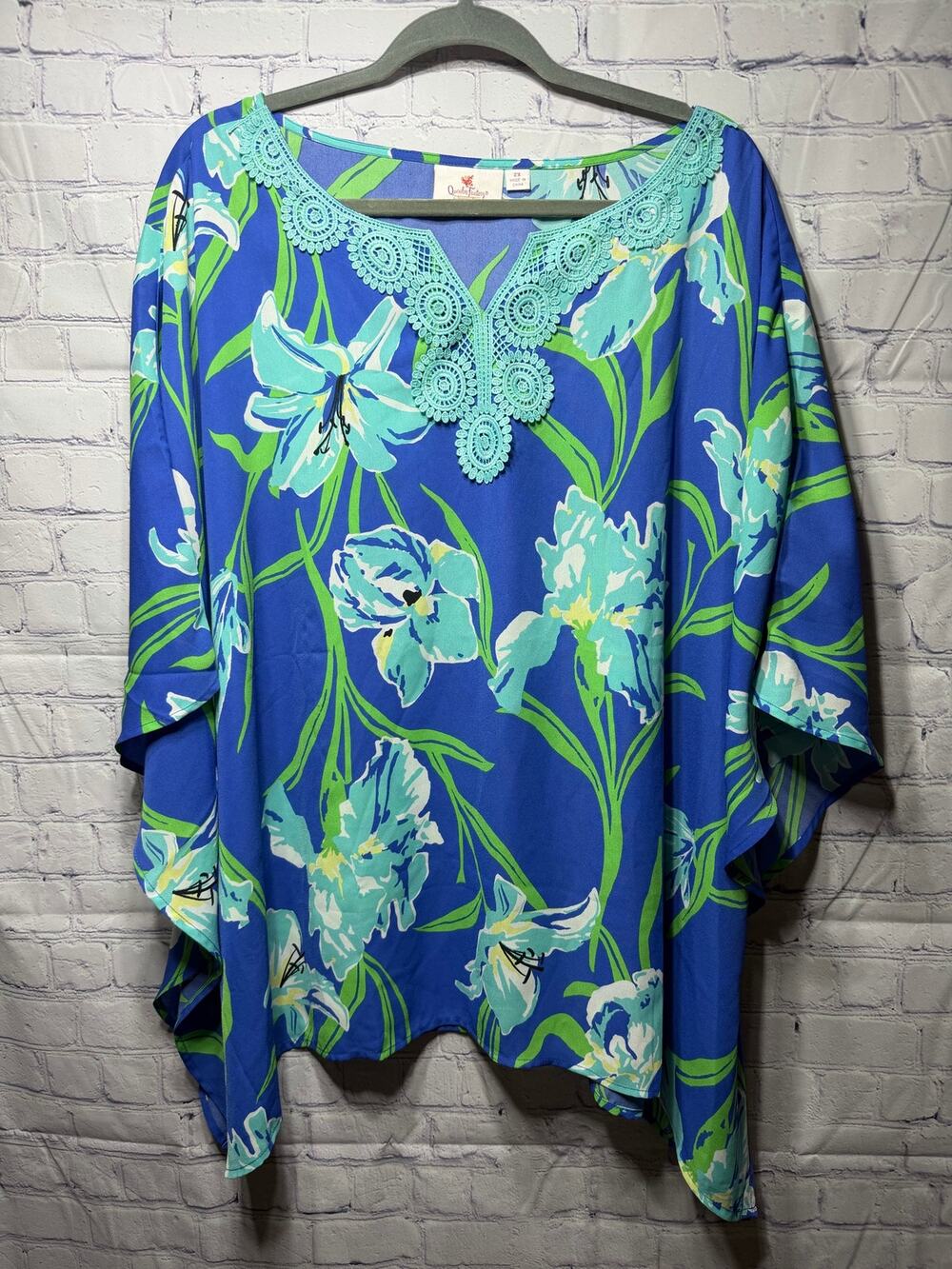 Quacker Factory Womens Floral Kimono Top Blue Green SZ 2X Lagenlook Casual